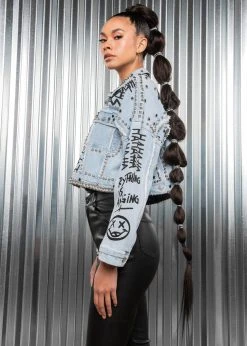 Pretty Attitude Studded Denim Jacket With Graffiti Design