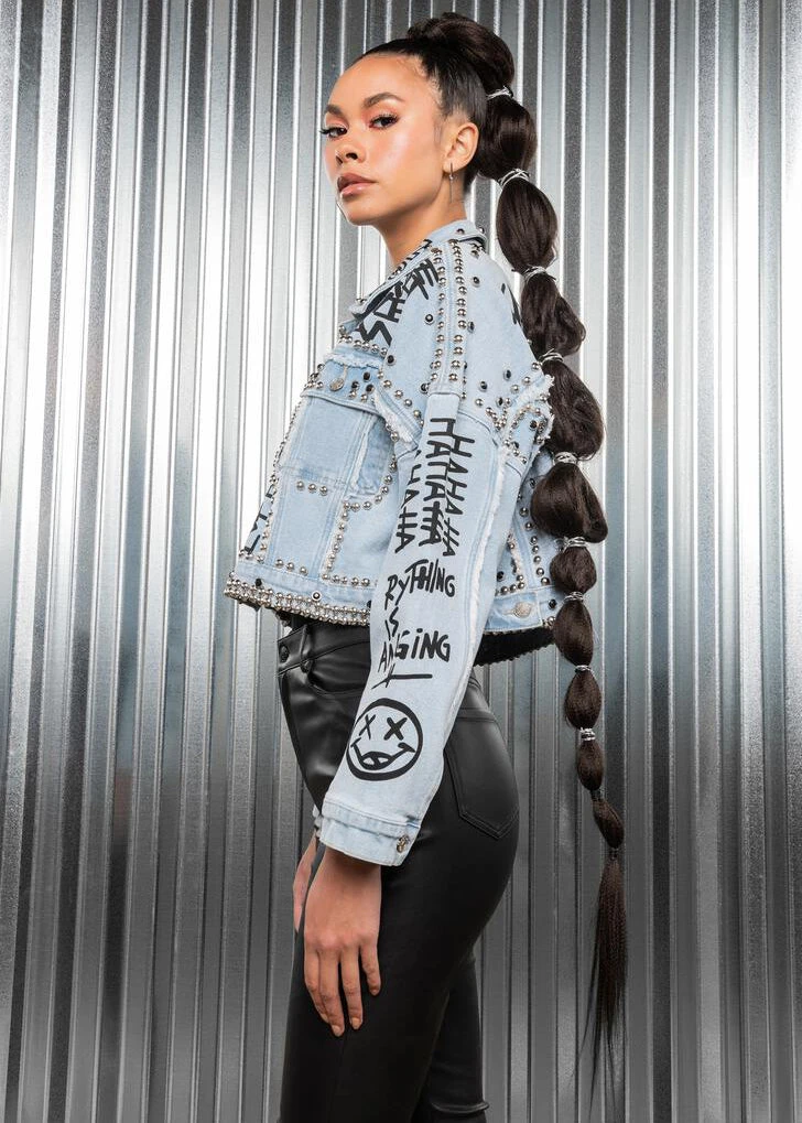 Pretty Attitude Studded Denim Jacket With Graffiti Design
