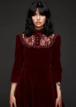 Pretty Attitude Still Loving You Burgundy Velvet High Collar Dress With Lace Details Black Label