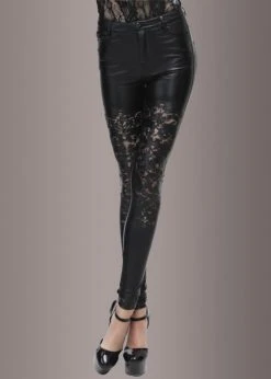Pretty Attitude Faux Leather Pants With Cutout Lace Pattern