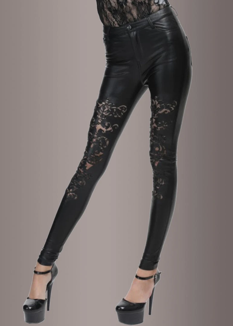 Pretty Attitude Faux Leather Pants With Cutout Lace Pattern