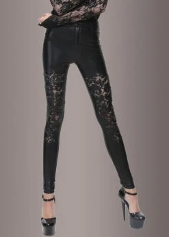 Pretty Attitude Faux Leather Pants With Cutout Lace Pattern