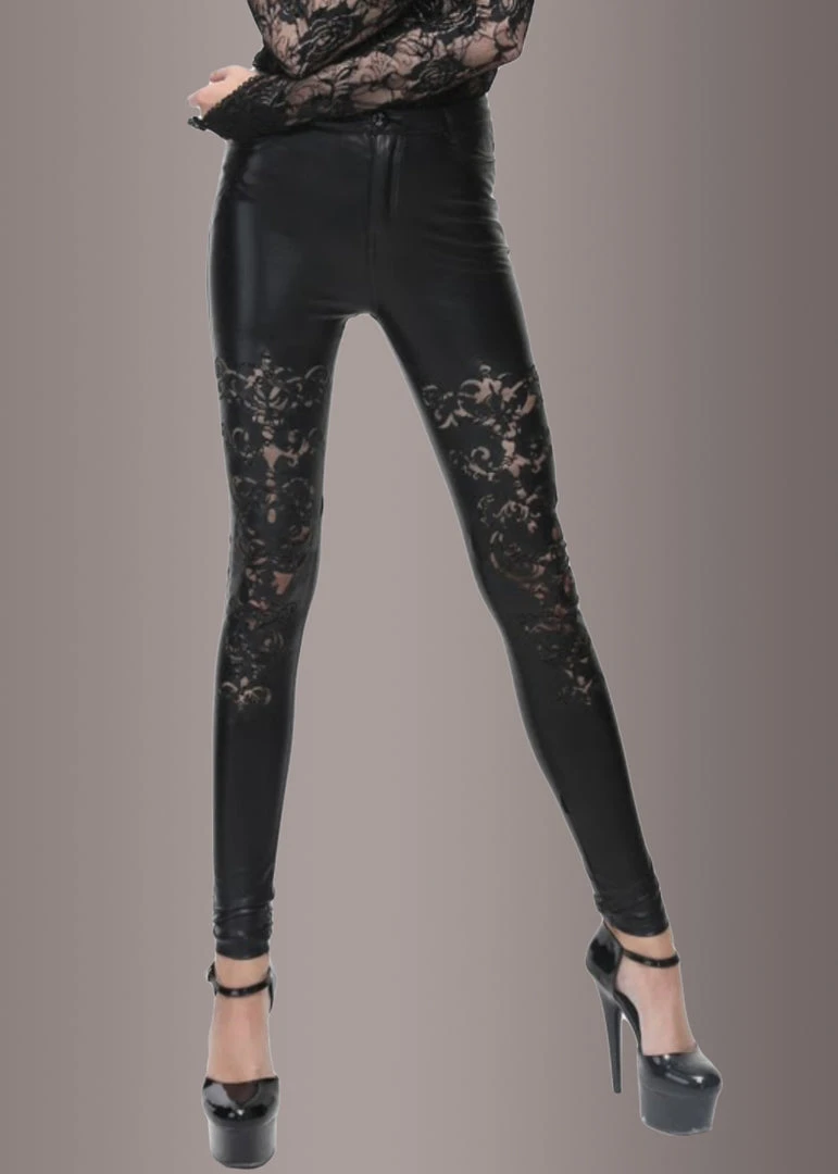 Pretty Attitude Faux Leather Pants With Cutout Lace Pattern