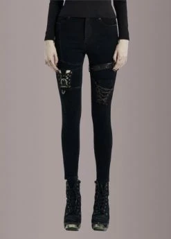 Punk Rave Black Denim Lace Up Jeans With Buckles