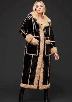 Pretty Attitude Black Label Black Faux Leather Coat Jacket With Faux Fur Trim