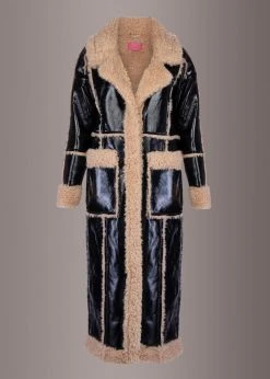 Pretty Attitude Black Label Black Faux Leather Coat Jacket With Faux Fur Trim