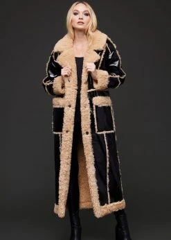 Pretty Attitude Black Label Black Faux Leather Coat Jacket With Faux Fur Trim