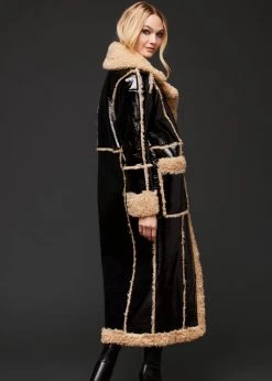 Pretty Attitude Black Label Black Faux Leather Coat Jacket With Faux Fur Trim