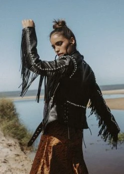 Azalea Wang White Label Rockstar Vegan Leather Fringe Jacket With Studs