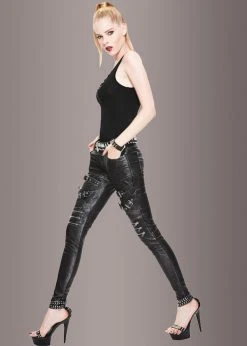 Pretty Attitude Blackend Faux Leather Pants With Zippers And Buckles Black Label