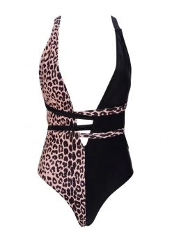 Pretty Attitude White Label Animal Print Deep V Swimsuit With Tie Belt