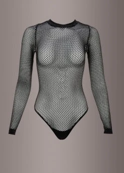 Pretty Attitude Metallic Fishnet Sheer Mesh Longsleeve Bodysuit Black Label