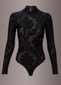 Pretty Attitude Black Label Mesh Long Sleeve Bodysuit With Velvet Brocade Design