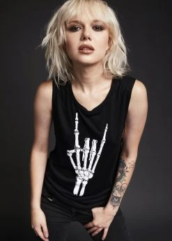 Pretty Attitude Hell Raiser Skeleton Heavy Metal Hand Loose Fit Tank Top Black Label