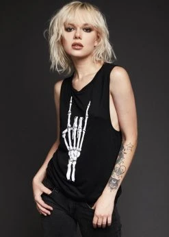 Pretty Attitude Hell Raiser Skeleton Heavy Metal Hand Loose Fit Tank Top Black Label