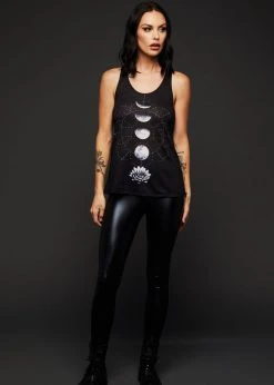 Pretty Attitude Black Label Lotus Flower Moon Phases Loose Fit Tank Top