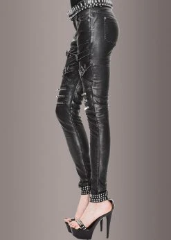 Pretty Attitude Blackend Faux Leather Pants With Zippers And Buckles Black Label