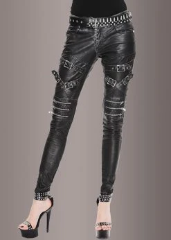 Pretty Attitude Blackend Faux Leather Pants With Zippers And Buckles Black Label