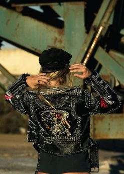 Pretty Attitude All Over Studded Moto Jacket With Patches Black Label