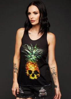 Pretty Attitude Pina Skulllada Pineapple Skull Loose Fit Tank Top Black Label