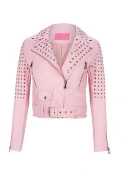 Pretty Attitude Studded Pink Faux Leather Moto Jacket White Label