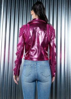 Azalea Wang Pink Metallic Moto Jacket With Studs