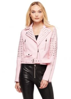 Pretty Attitude Studded Pink Faux Leather Moto Jacket White Label