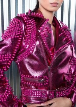 Azalea Wang Pink Metallic Moto Jacket With Studs