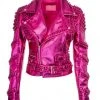 Azalea Wang Pink Metallic Moto Jacket With Studs