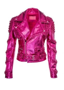 Azalea Wang Pink Metallic Moto Jacket With Studs