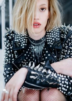 Azalea Wang Black Label Hellraiser Allover Studded Vegan Leather Moto Jacket