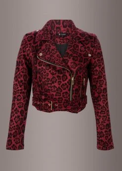Pretty Attitude Red Leopard Print Faux Suede Moto Jacket Black Label