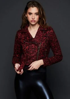Pretty Attitude Red Leopard Print Faux Suede Moto Jacket Black Label