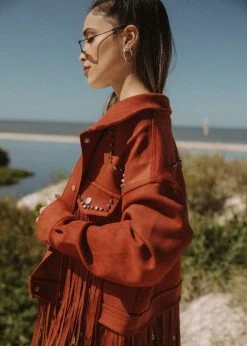 Pretty Attitude Festival Ready Red Fringe Jacket With Studs