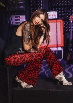 Pretty Attitude Rock Steady Red Leopard Animal Print Velvet Flare Pants Bell Bottoms Black Label