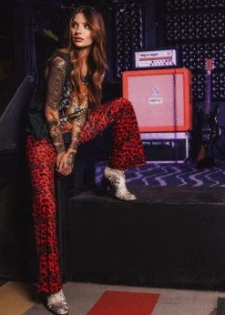 Pretty Attitude Rock Steady Red Leopard Animal Print Velvet Flare Pants Bell Bottoms Black Label