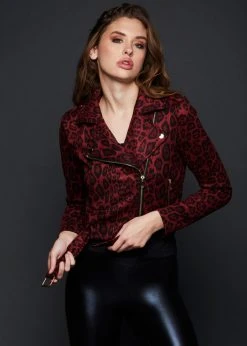 Pretty Attitude Red Leopard Print Faux Suede Moto Jacket Black Label
