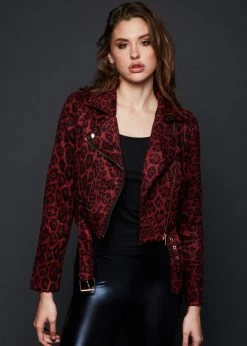 Pretty Attitude Red Leopard Print Faux Suede Moto Jacket Black Label