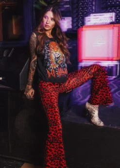 Pretty Attitude Rock Steady Red Leopard Animal Print Velvet Flare Pants Bell Bottoms Black Label