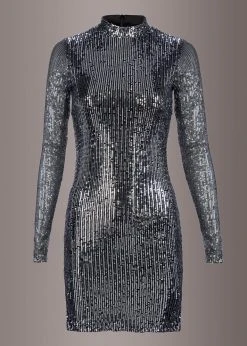 Pretty Attitude Black Label Long Sleeve Silver Sequin Dress