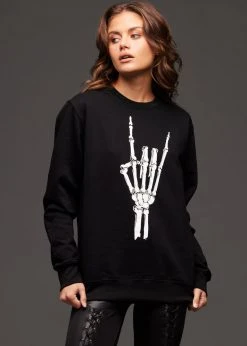 Pretty Attitude Metal Horns Skeleton Hand Skull Sweatshirt Black Label
