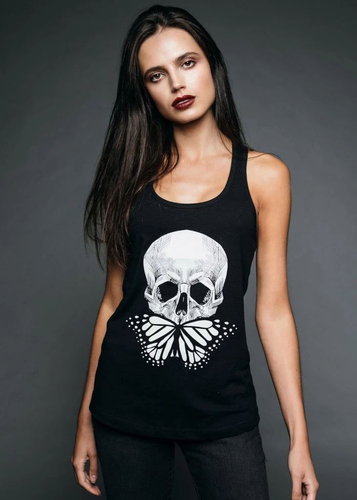 Pretty Attitude Black Label Black Butterfly Skull Racerback Tank Top