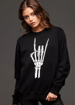 Pretty Attitude Metal Horns Skeleton Hand Skull Sweatshirt Black Label
