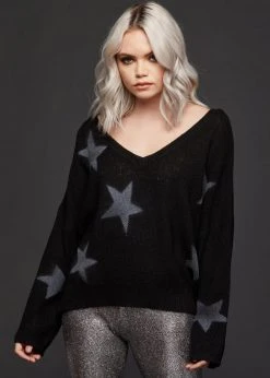 Pretty Attitude Starry Night Cropped V-Neck Star Sweater Black Label