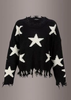 Pretty Attitude Distressed Black Knit Sweater With Stars Black Label