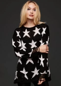 Pretty Attitude Black Label Supernova Long Sleeve Distressed Star Print Knit Sweater