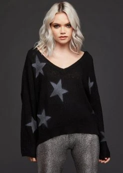 Pretty Attitude Starry Night Cropped V-Neck Star Sweater Black Label