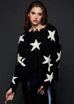 Pretty Attitude Distressed Black Knit Sweater With Stars Black Label