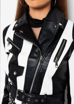 Azalea Wang Black And White Striped Faux Leather Moto Jacket