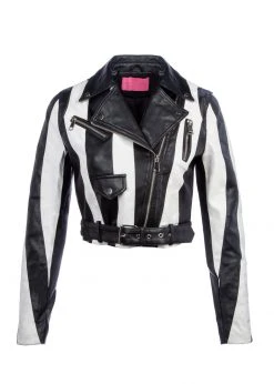 Azalea Wang Black And White Striped Faux Leather Moto Jacket
